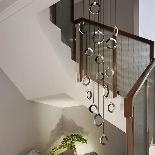 Viola LED Chandelier with Black Aluminum Rings for Stairs