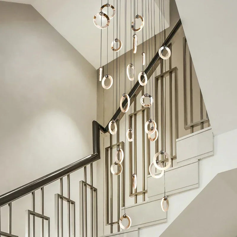 Viola LED Chandelier with Black Aluminum Rings for Stairs