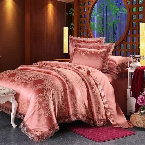Fateena Silver Brown Luxury Satin Cotton Lace Duvet Cover Set - Creating Coziness