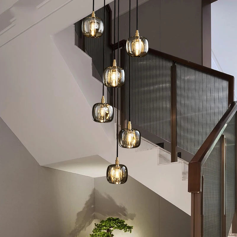 Luxury Copper & Crystal Stair Pendant | Postmodern Duplex/Villa Light | Simple, Elegant Atmosphere | Rotatable