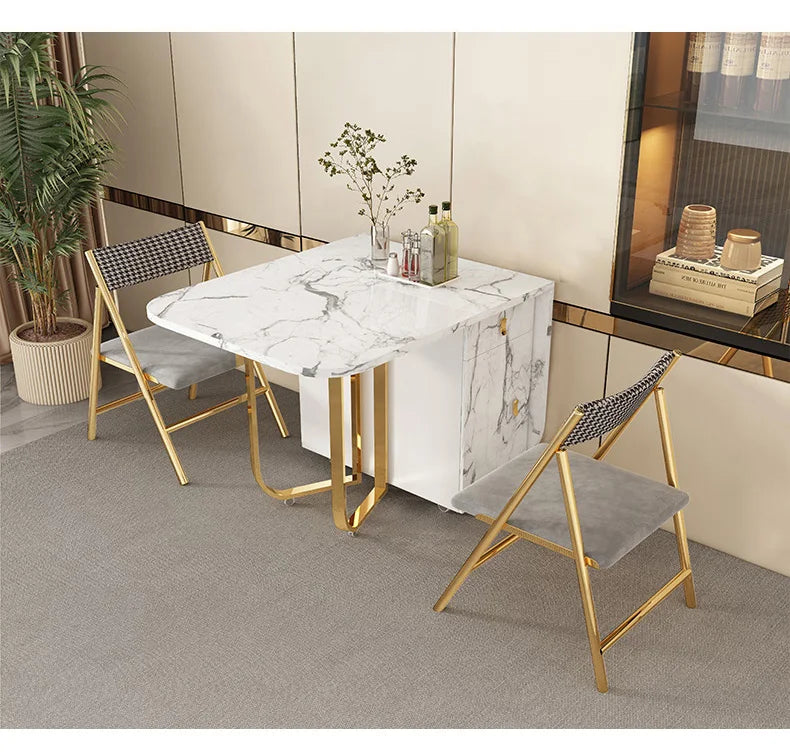 Movable Folding Dining Table with Storage Rack and 2 Drawers Extendable Versatile Kitchen Table and Metal Folding Dining Chairs