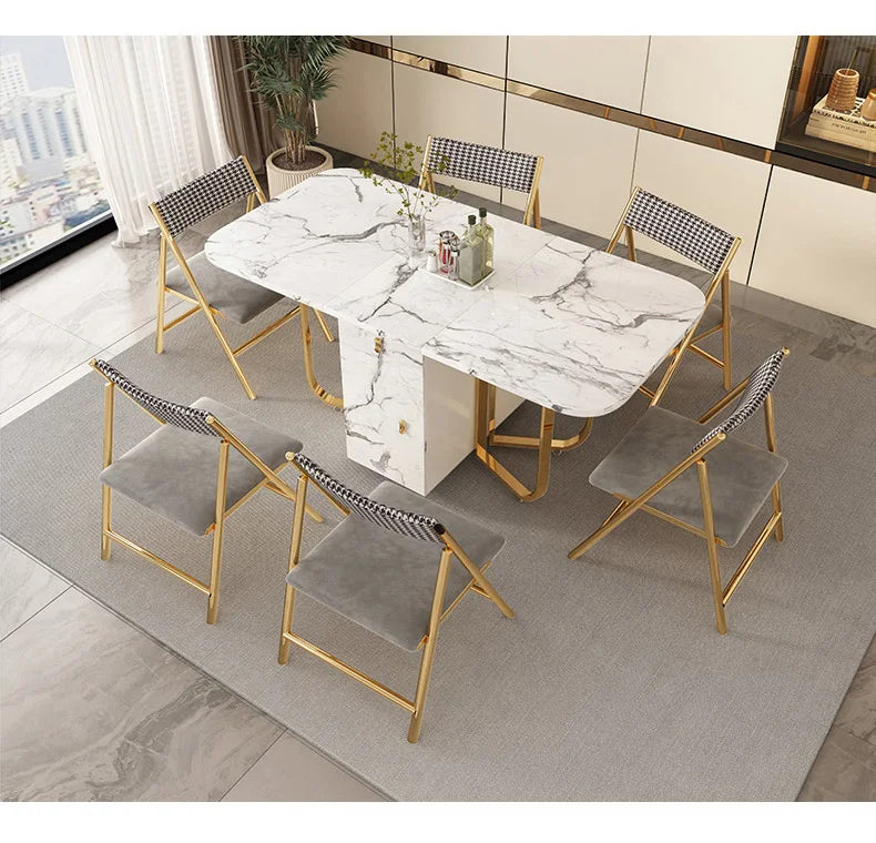 Movable Folding Dining Table with Storage Rack and 2 Drawers Extendable Versatile Kitchen Table and Metal Folding Dining Chairs