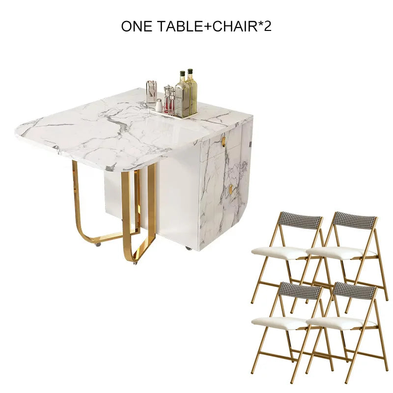 Movable Folding Dining Table with Storage Rack and 2 Drawers Extendable Versatile Kitchen Table and Metal Folding Dining Chairs