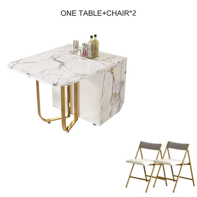 Movable Folding Dining Table with Storage Rack and 2 Drawers Extendable Versatile Kitchen Table and Metal Folding Dining Chairs