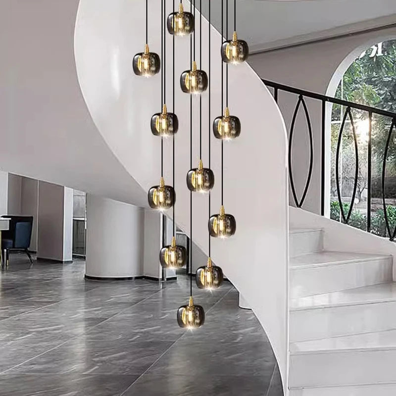 Luxury Copper & Crystal Stair Pendant | Postmodern Duplex/Villa Light | Simple, Elegant Atmosphere | Rotatable