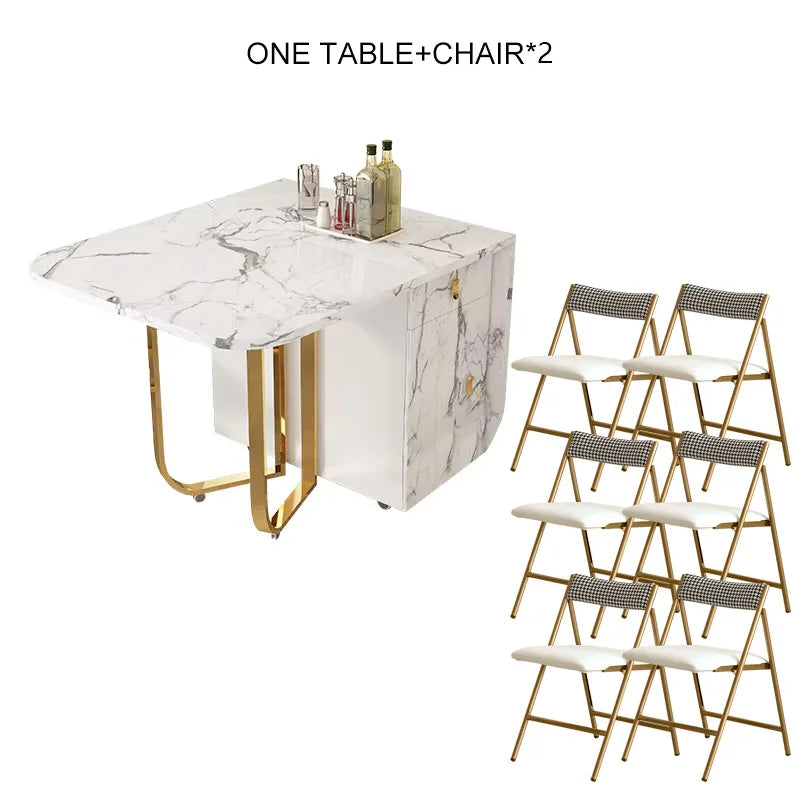 Movable Folding Dining Table with Storage Rack and 2 Drawers Extendable Versatile Kitchen Table and Metal Folding Dining Chairs