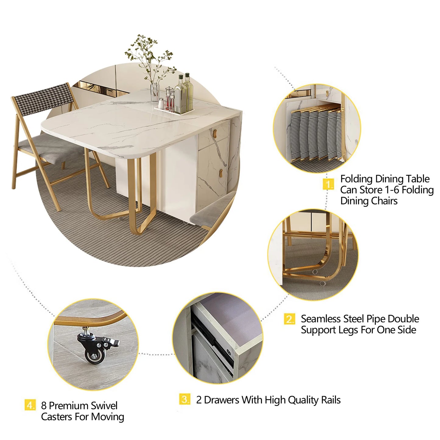 Movable Folding Dining Table with Storage Rack and 2 Drawers Extendable Versatile Kitchen Table and Metal Folding Dining Chairs