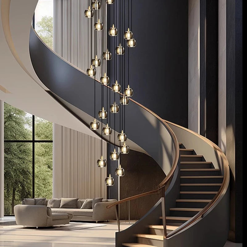 Luxury Copper & Crystal Stair Pendant | Postmodern Duplex/Villa Light | Simple, Elegant Atmosphere | Rotatable