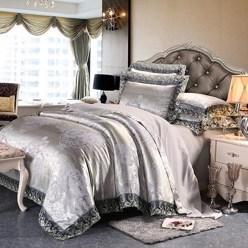 Fateena Silver Brown Luxury Satin Cotton Lace Duvet Cover Set - Creating Coziness