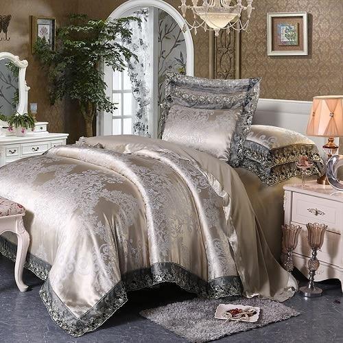 Fateena Silver Brown Luxury Satin Cotton Lace Duvet Cover Set - Creating Coziness